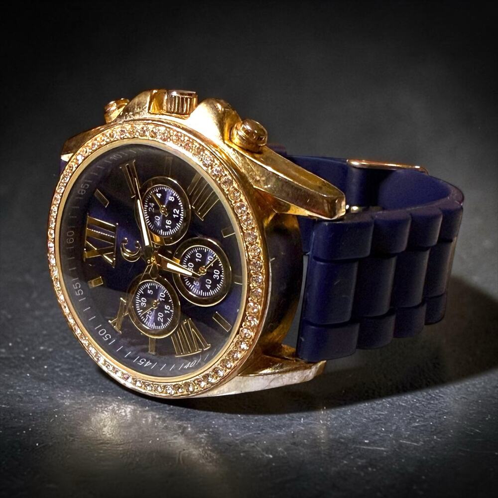 Charming Charlie Wristwatch Women Gold Tone Blue Rubber Strap Rhinestones WORKS
